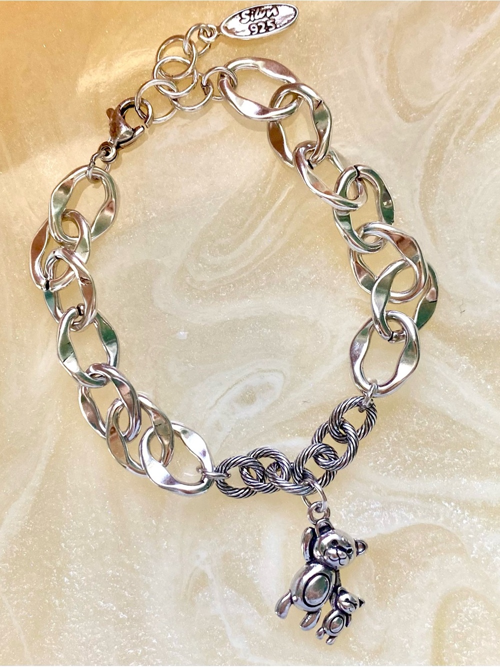 Sterling Silver Link Bracelet with Teddy Bear Charms - Silver